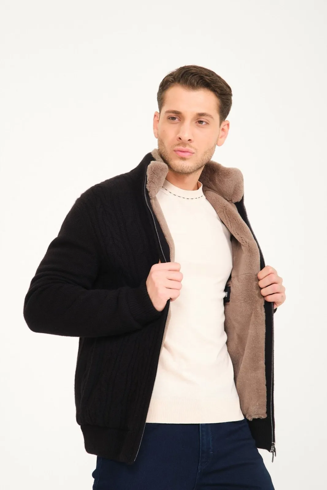 Black Cashmere & Rex Fur Knit Cardigan