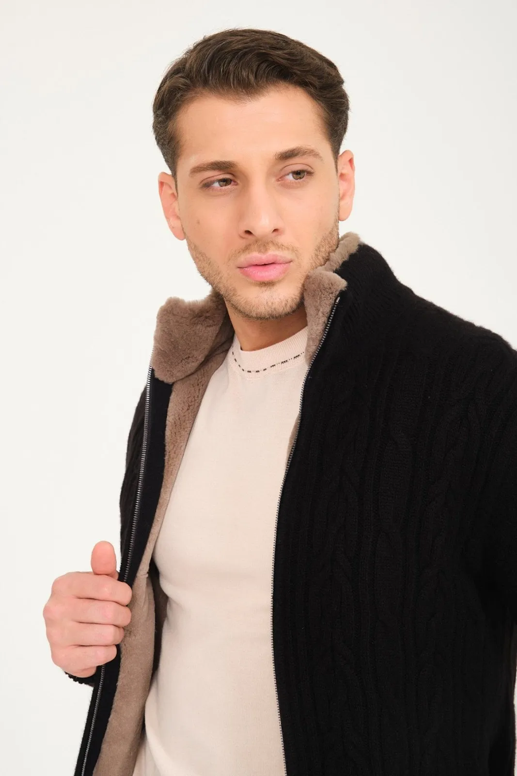 Black Cashmere & Rex Fur Knit Cardigan