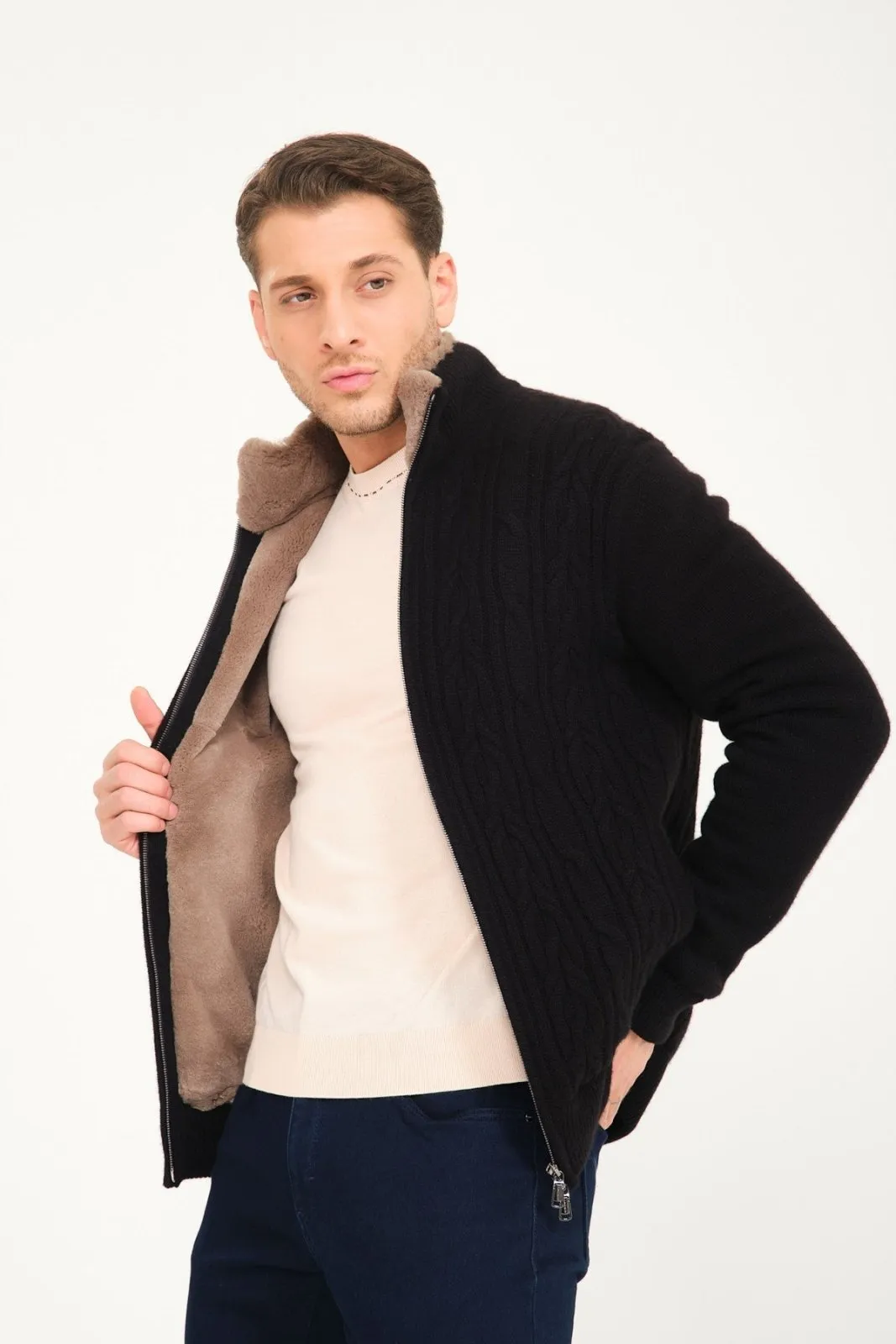 Black Cashmere & Rex Fur Knit Cardigan