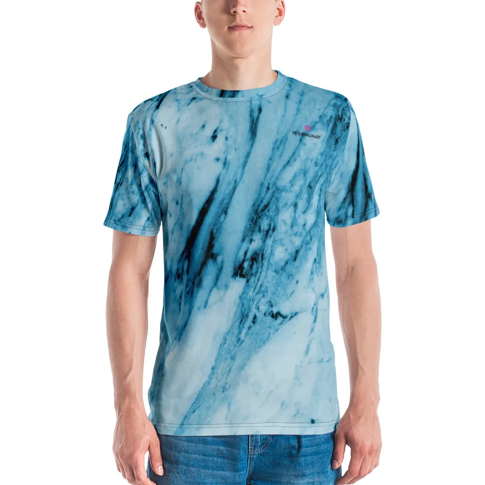 Blue Marble Abstract Men's T-shirt, Blue And White Marbled Luxury Tees For Men-Made in USA/EU