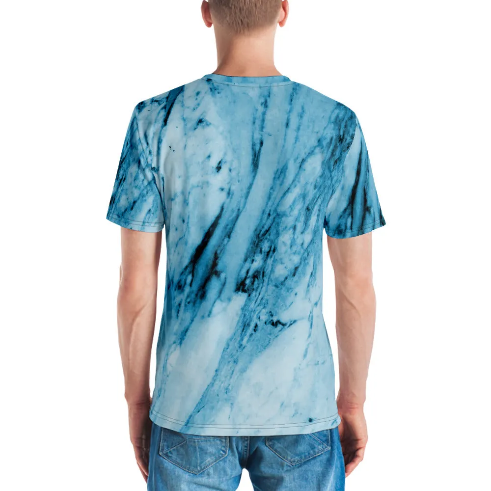 Blue Marble Abstract Men's T-shirt, Blue And White Marbled Luxury Tees For Men-Made in USA/EU