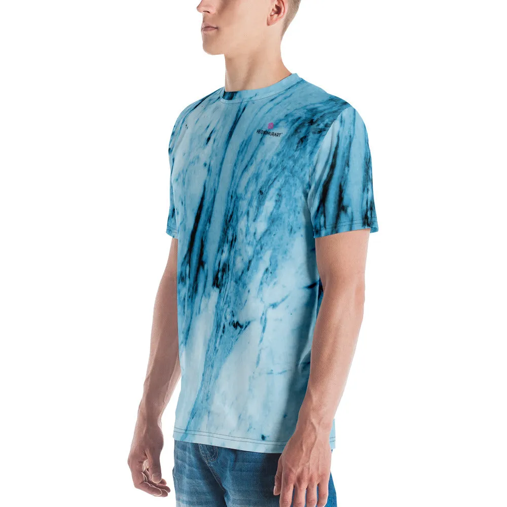 Blue Marble Abstract Men's T-shirt, Blue And White Marbled Luxury Tees For Men-Made in USA/EU