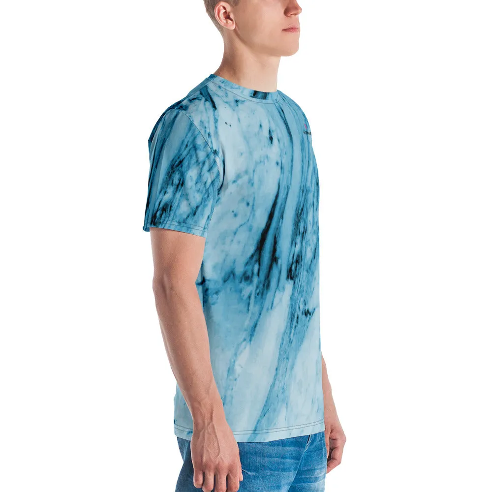 Blue Marble Abstract Men's T-shirt, Blue And White Marbled Luxury Tees For Men-Made in USA/EU