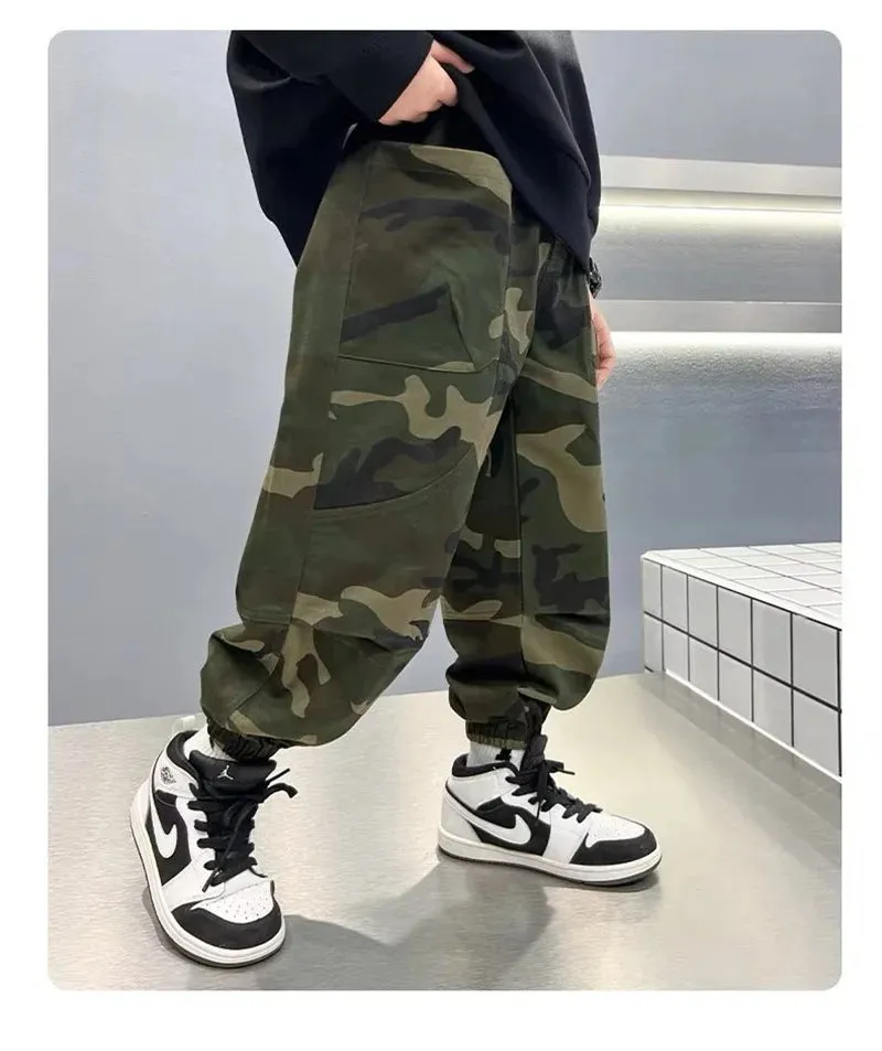 Boy Camouflage Pants Big Kids Casual Sport Cargo Pants Spring Autumn Teenage Joggers Trousers Big Children Streetwear Baggy Pant