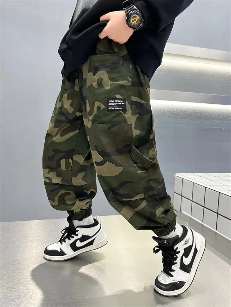 Boy Camouflage Pants Big Kids Casual Sport Cargo Pants Spring Autumn Teenage Joggers Trousers Big Children Streetwear Baggy Pant