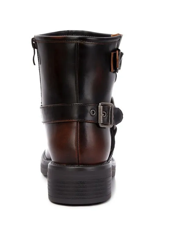 Brown Faux Leather Pin Buckle Boots