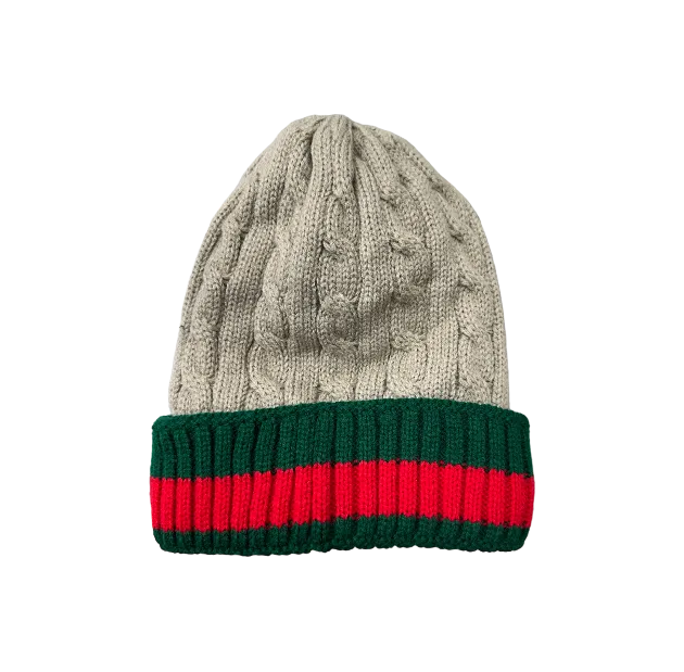 Coffee Men's Winter knitted hat with green and red Striped Wool Beanie