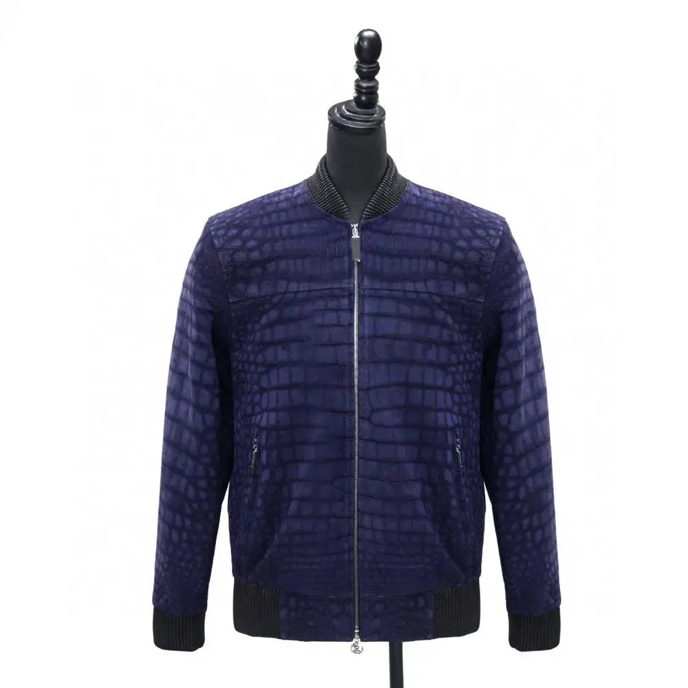 Crocodile Skin Sanded Leather Bomber Shimmer Zip Up Jackets Dark Blue