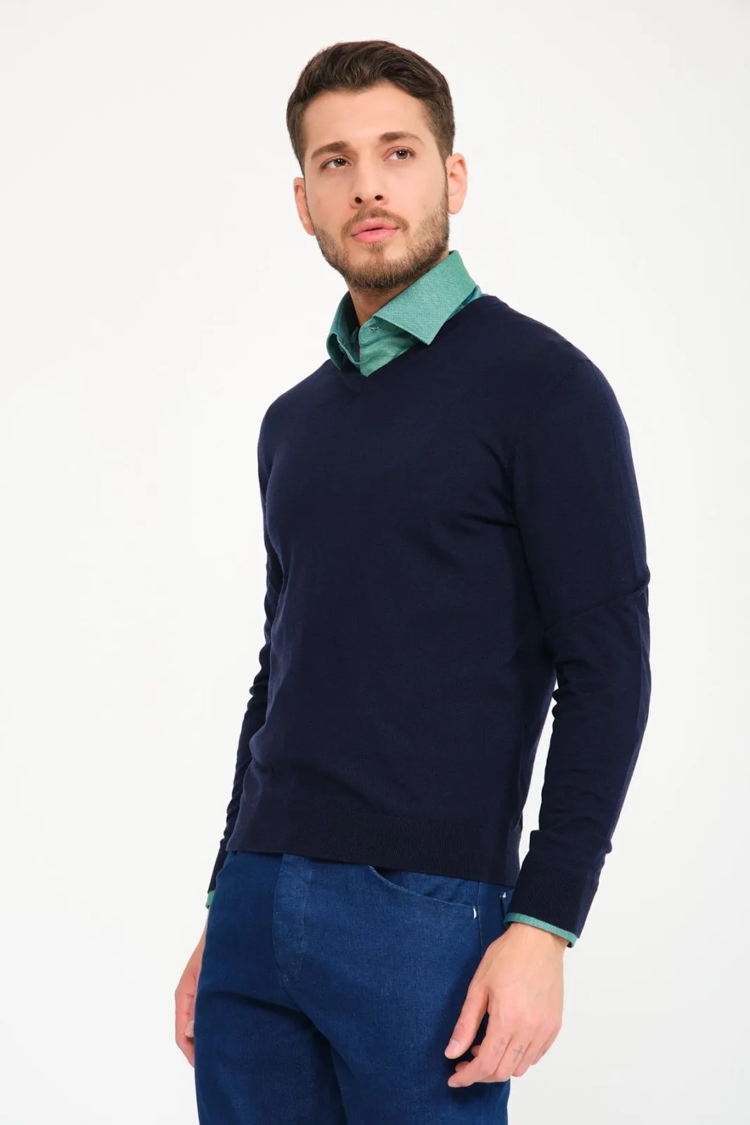 Dark Blue V-Collar Wool Sweater