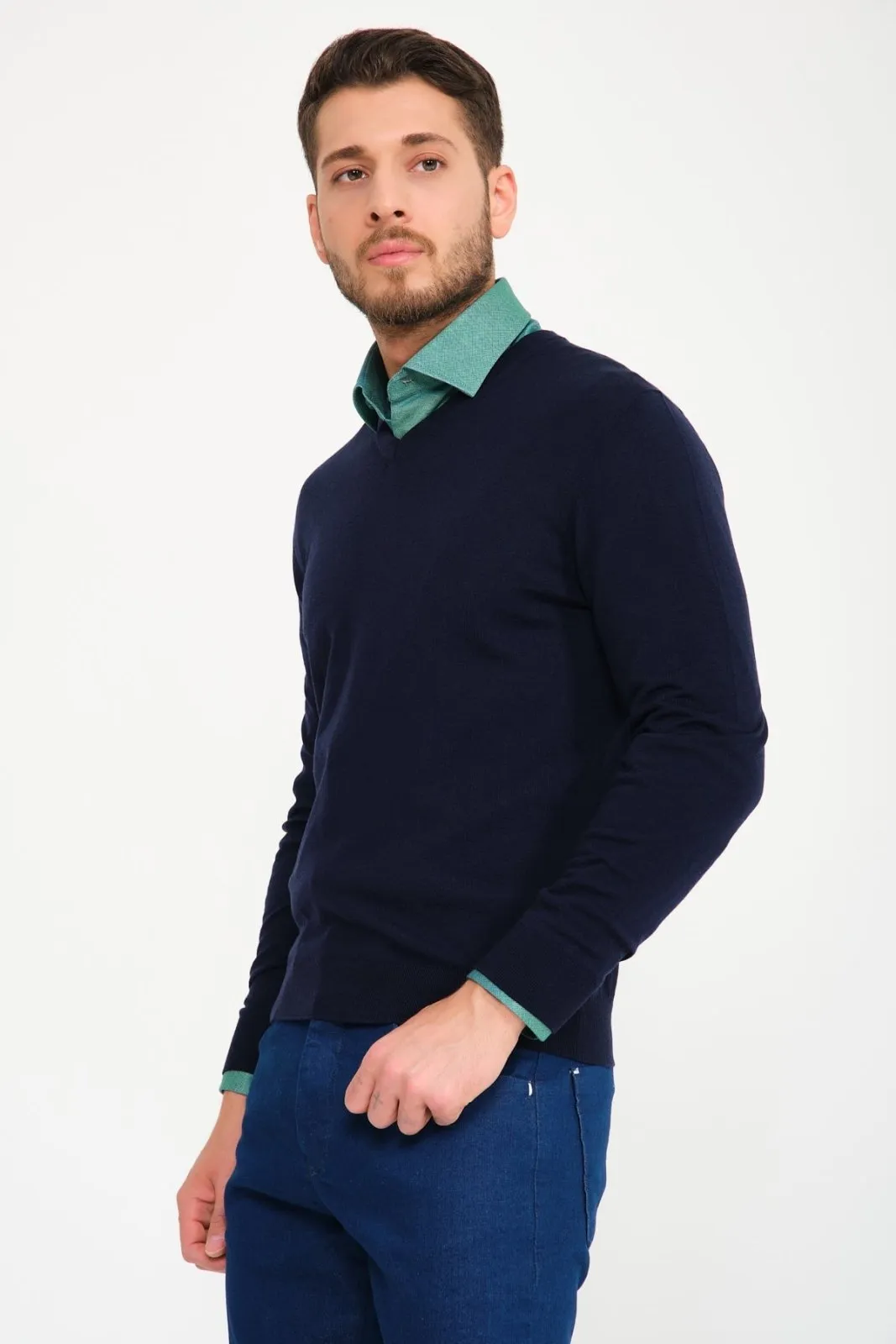 Dark Blue V-Collar Wool Sweater