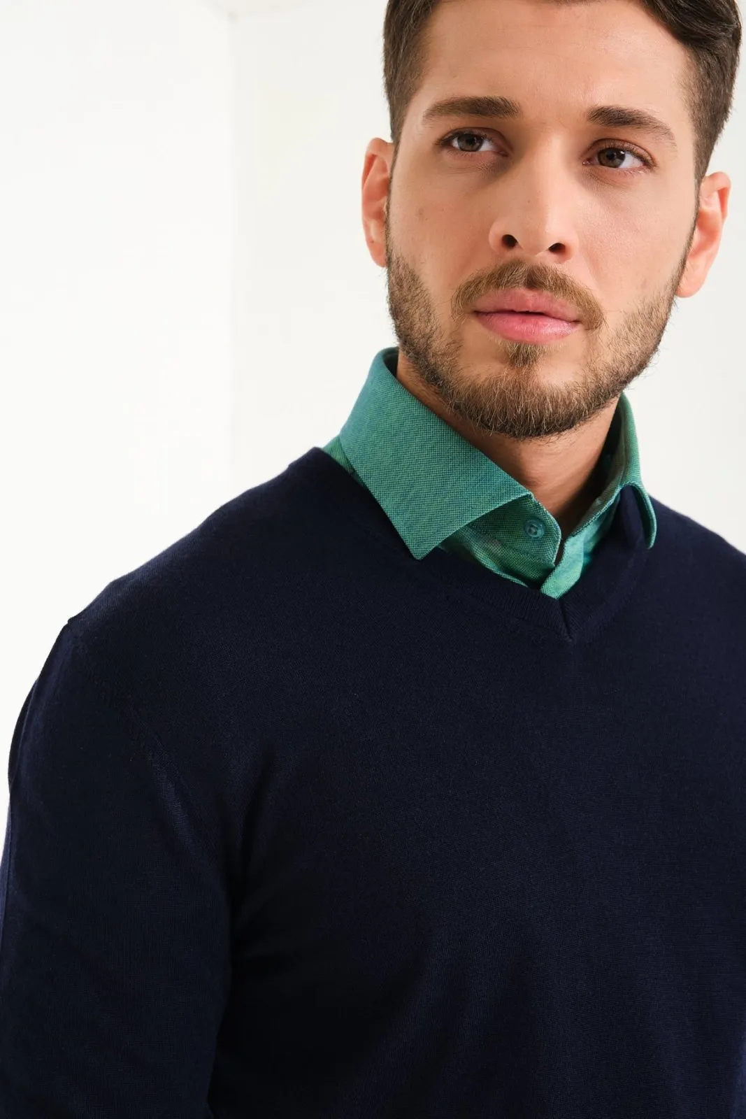 Dark Blue V-Collar Wool Sweater