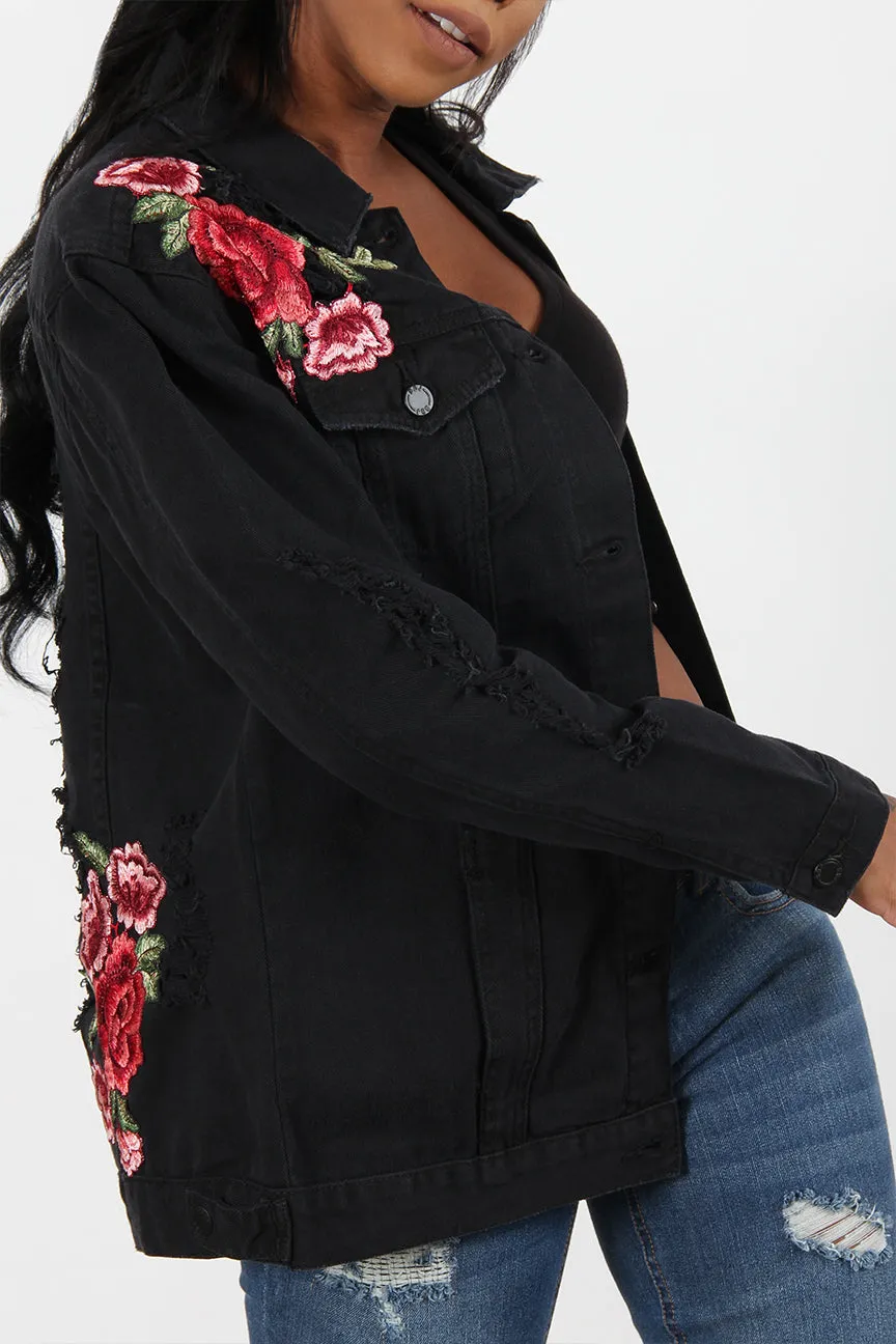 Destructed Rose Patch Denim Jacket