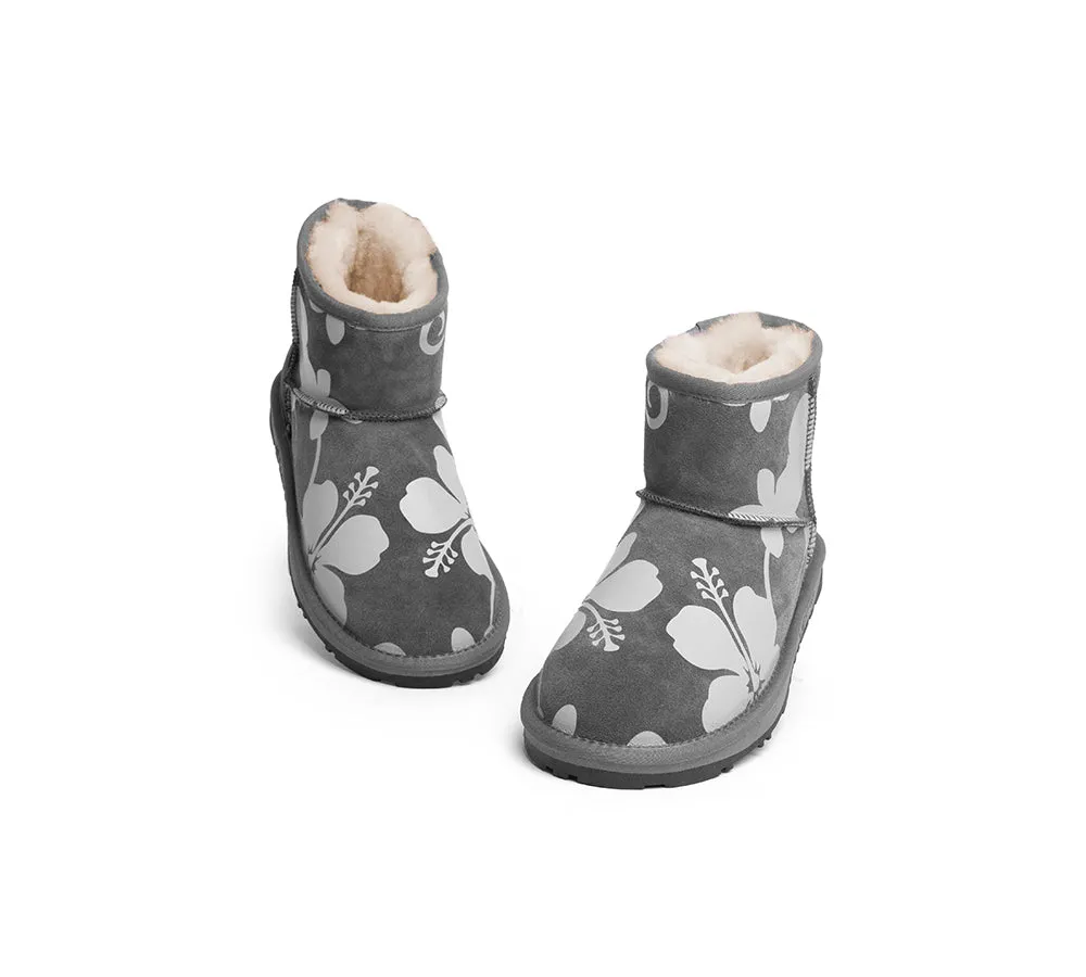 EVERAU® UGG Boots Sheepskin Wool Grey Floral Print Mini Classic Suede EU41