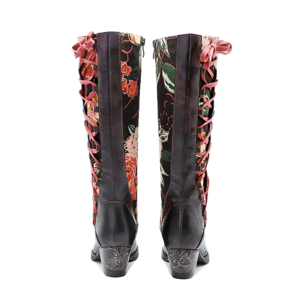 Genuine Leather Colorful Handmade Printed Spliced Lace Up Zip Boots