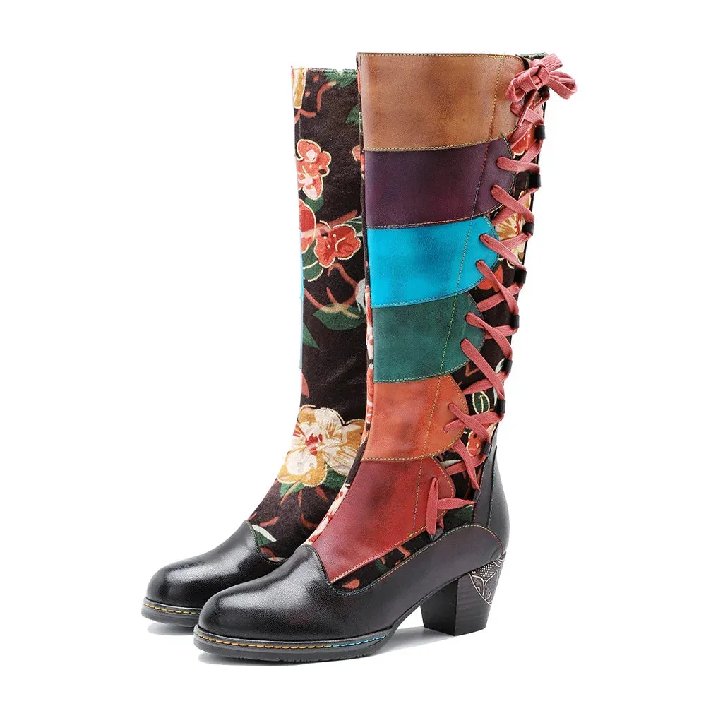 Genuine Leather Colorful Handmade Printed Spliced Lace Up Zip Boots