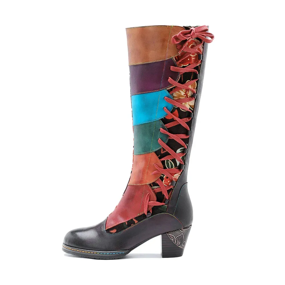 Genuine Leather Colorful Handmade Printed Spliced Lace Up Zip Boots