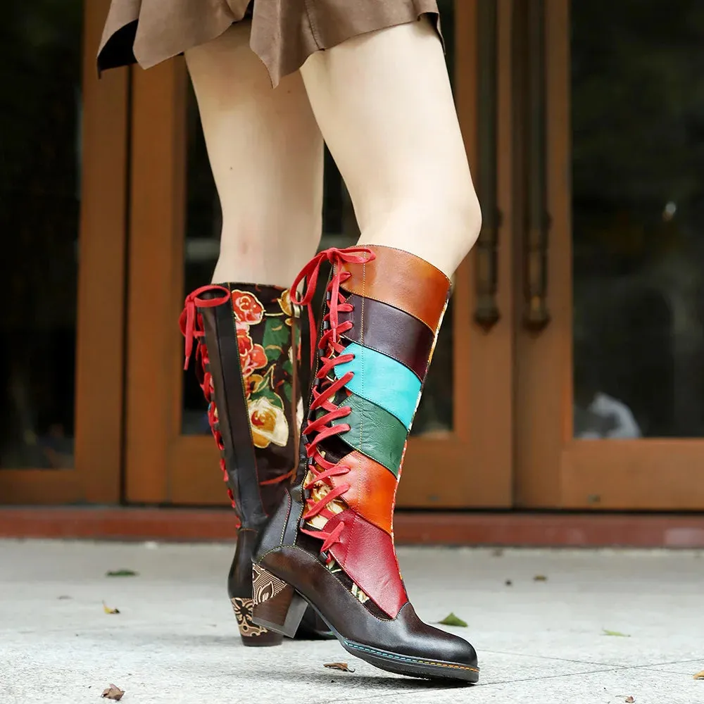 Genuine Leather Colorful Handmade Printed Spliced Lace Up Zip Boots