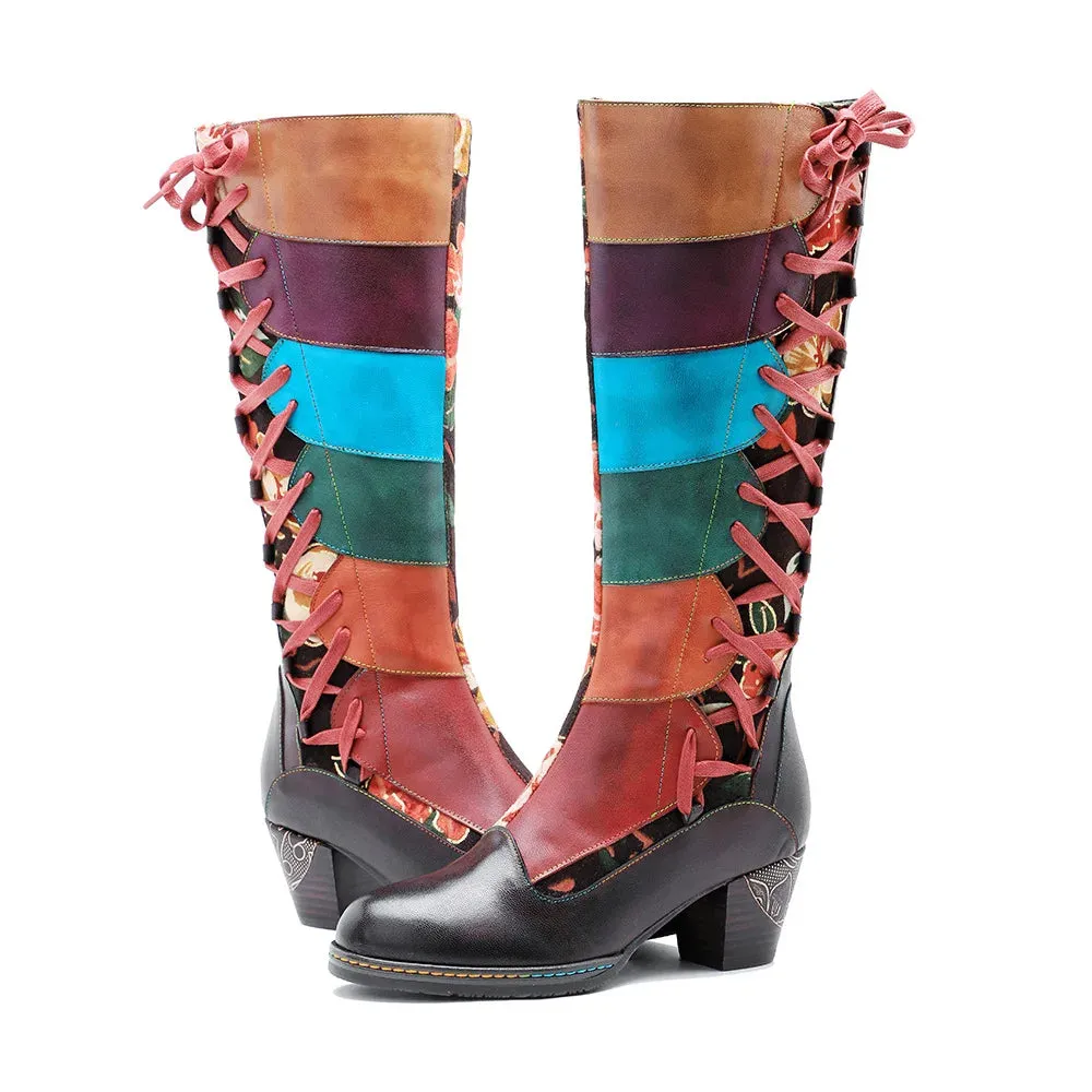 Genuine Leather Colorful Handmade Printed Spliced Lace Up Zip Boots