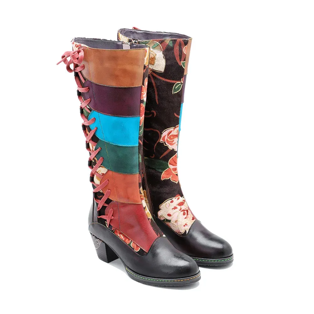 Genuine Leather Colorful Handmade Printed Spliced Lace Up Zip Boots