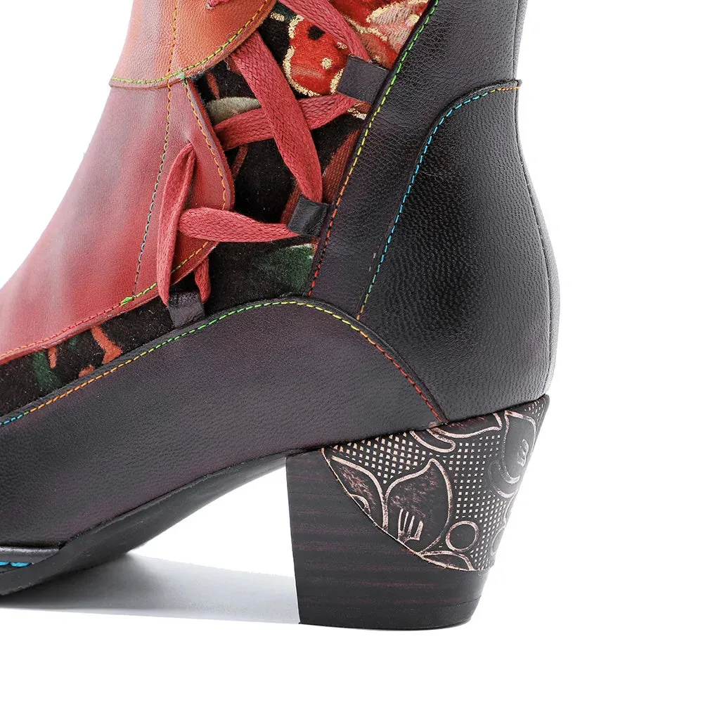 Genuine Leather Colorful Handmade Printed Spliced Lace Up Zip Boots