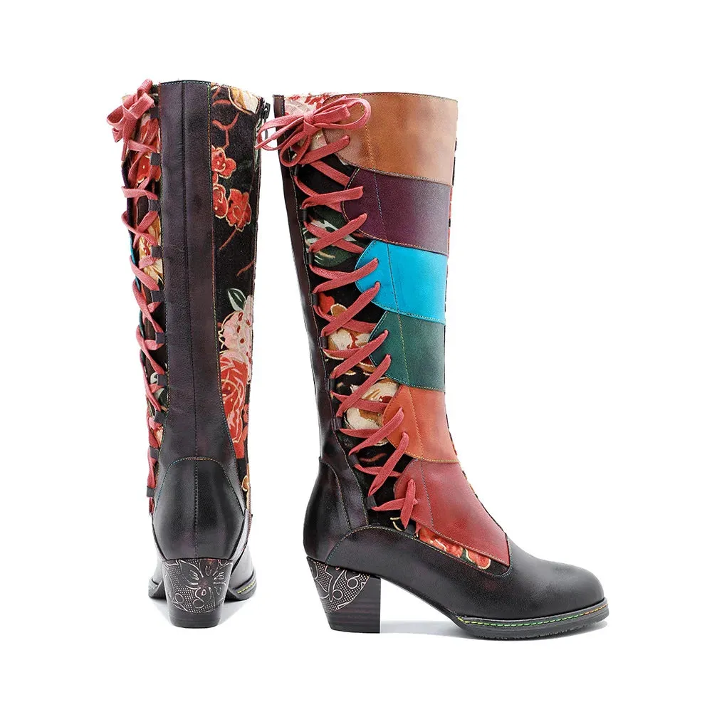 Genuine Leather Colorful Handmade Printed Spliced Lace Up Zip Boots