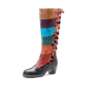 Genuine Leather Colorful Handmade Printed Spliced Lace Up Zip Boots