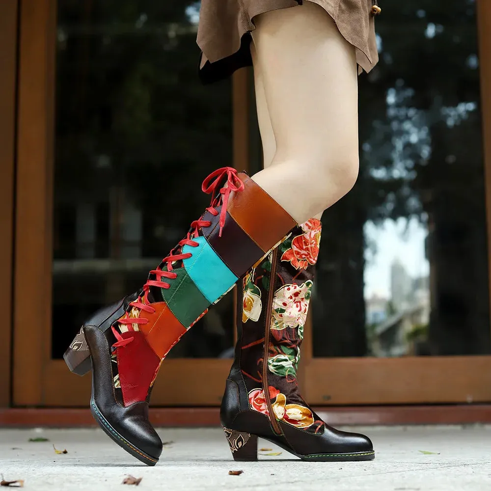 Genuine Leather Colorful Handmade Printed Spliced Lace Up Zip Boots