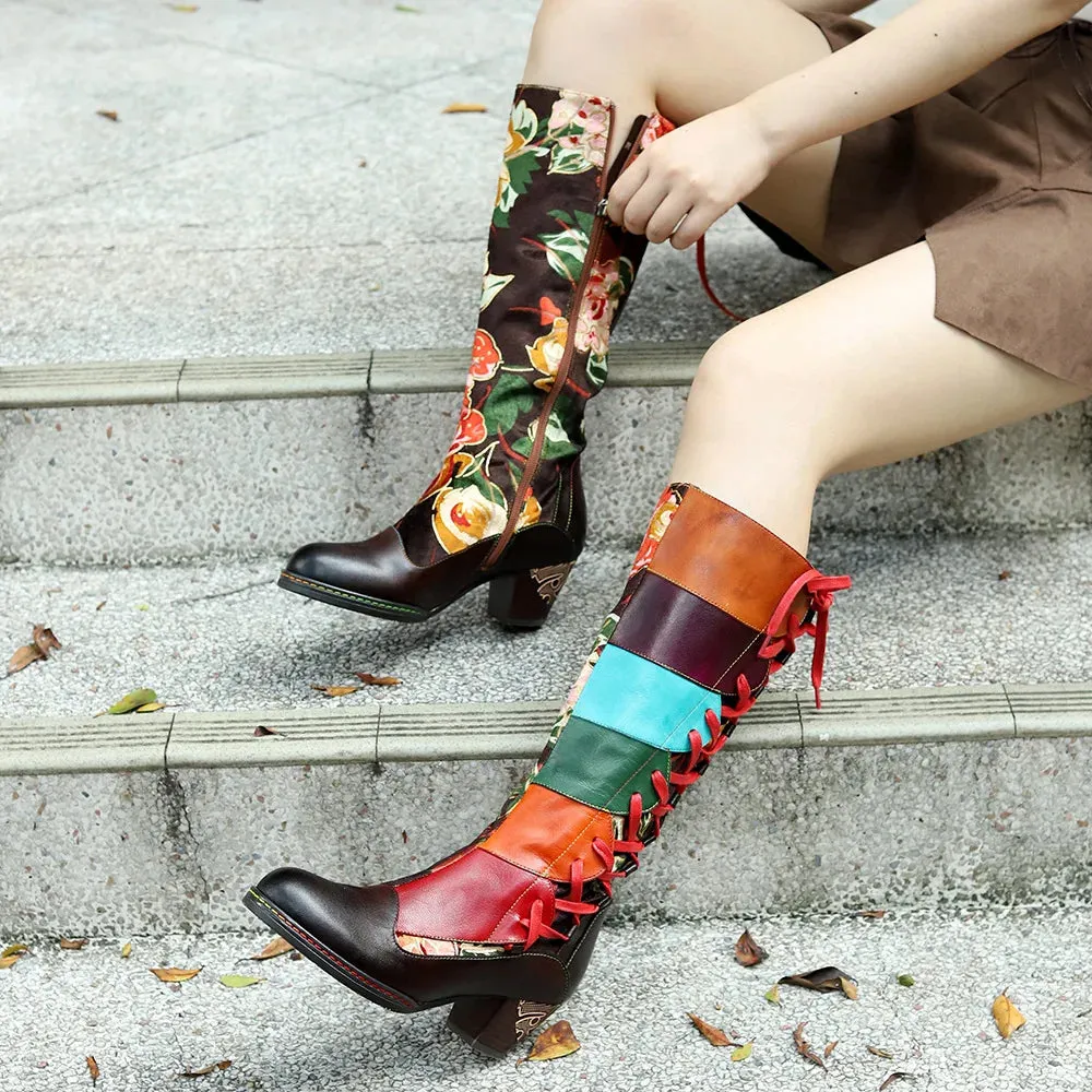 Genuine Leather Colorful Handmade Printed Spliced Lace Up Zip Boots