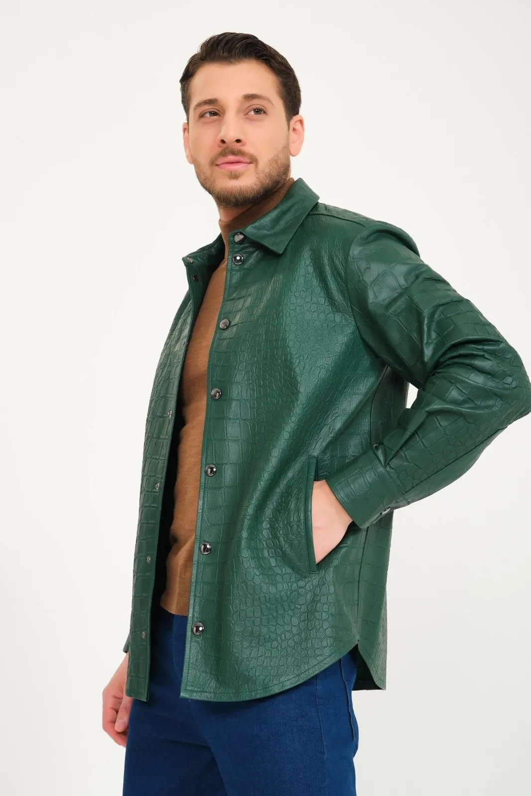 Green Crocodile Pattern Leather Jacket