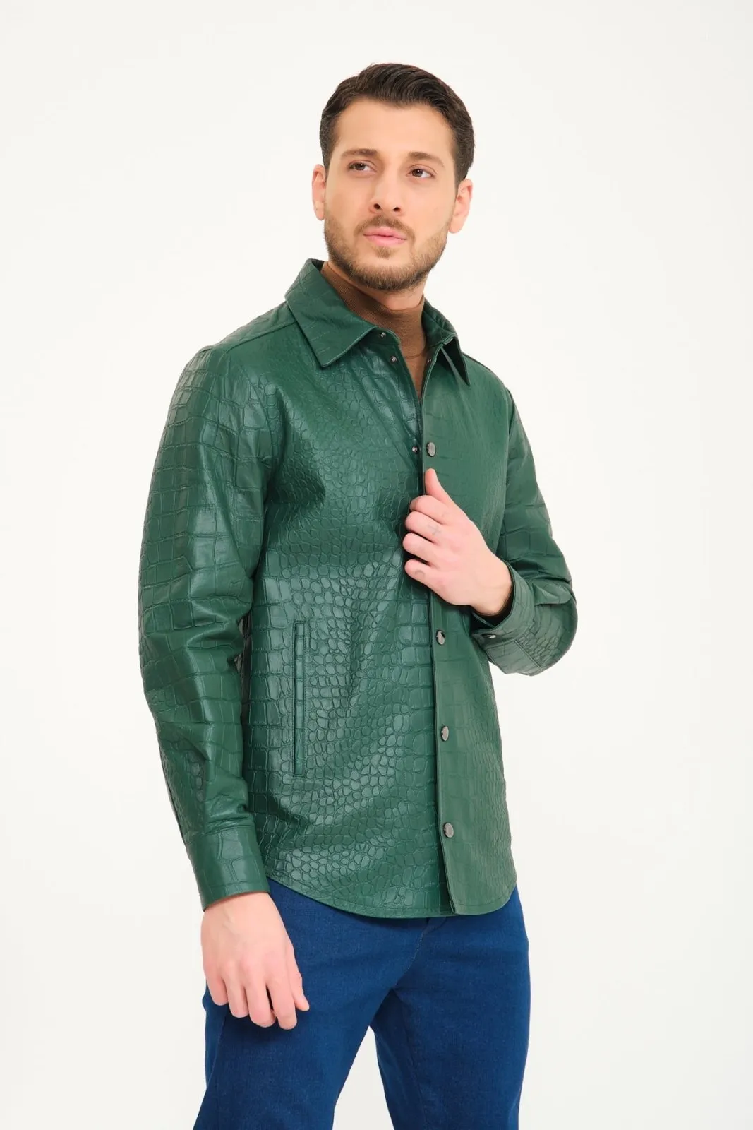 Green Crocodile Pattern Leather Jacket