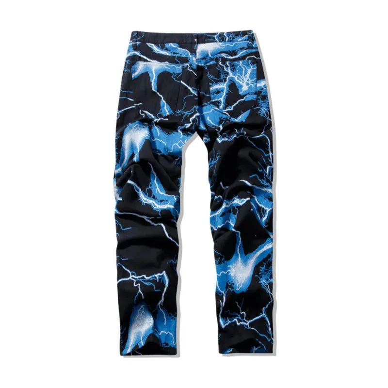 Hnzxzm Y2K Vintage Men's Jeans Trousers Vibe Style Lightning Print Tie Dye Straight Hip Hop Retro Harajuku Men's and Women's Jeans