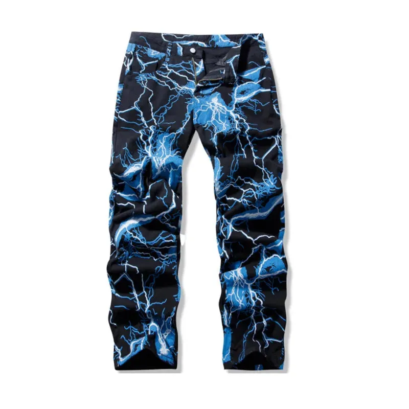 Hnzxzm Y2K Vintage Men's Jeans Trousers Vibe Style Lightning Print Tie Dye Straight Hip Hop Retro Harajuku Men's and Women's Jeans