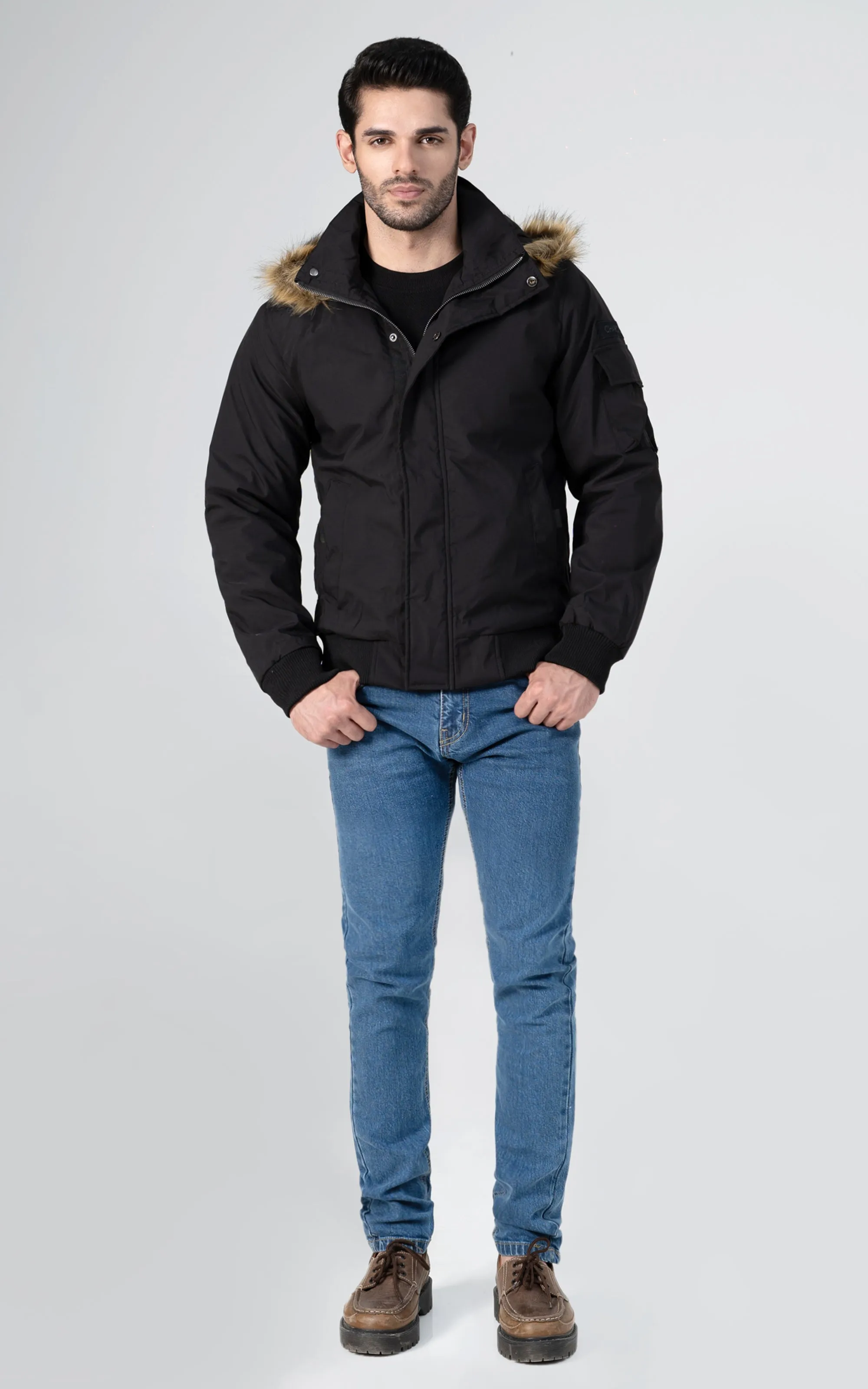 HOODED PUFFER BOMBER JACKET BLACK