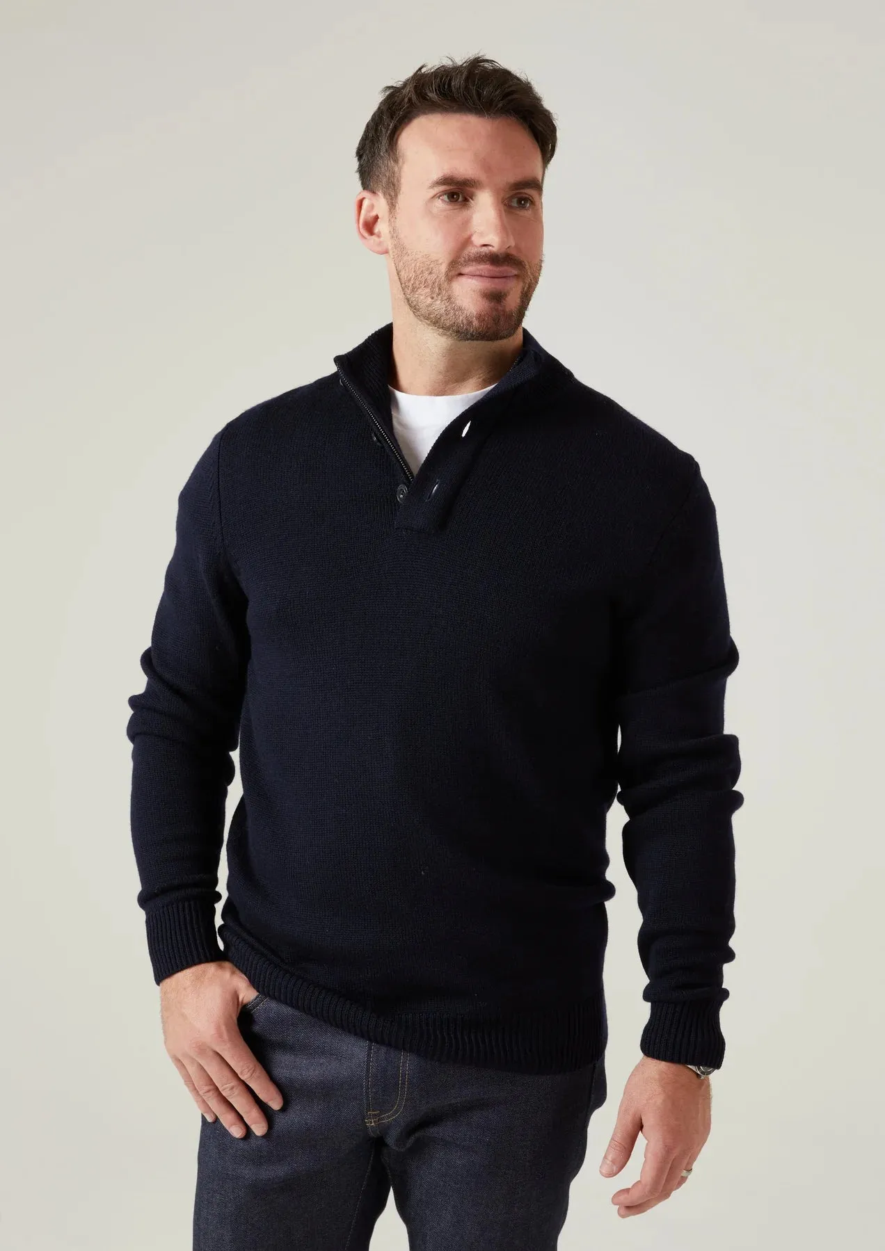 Kunwick Navy Merino Zippered Button Mockneck Sweater