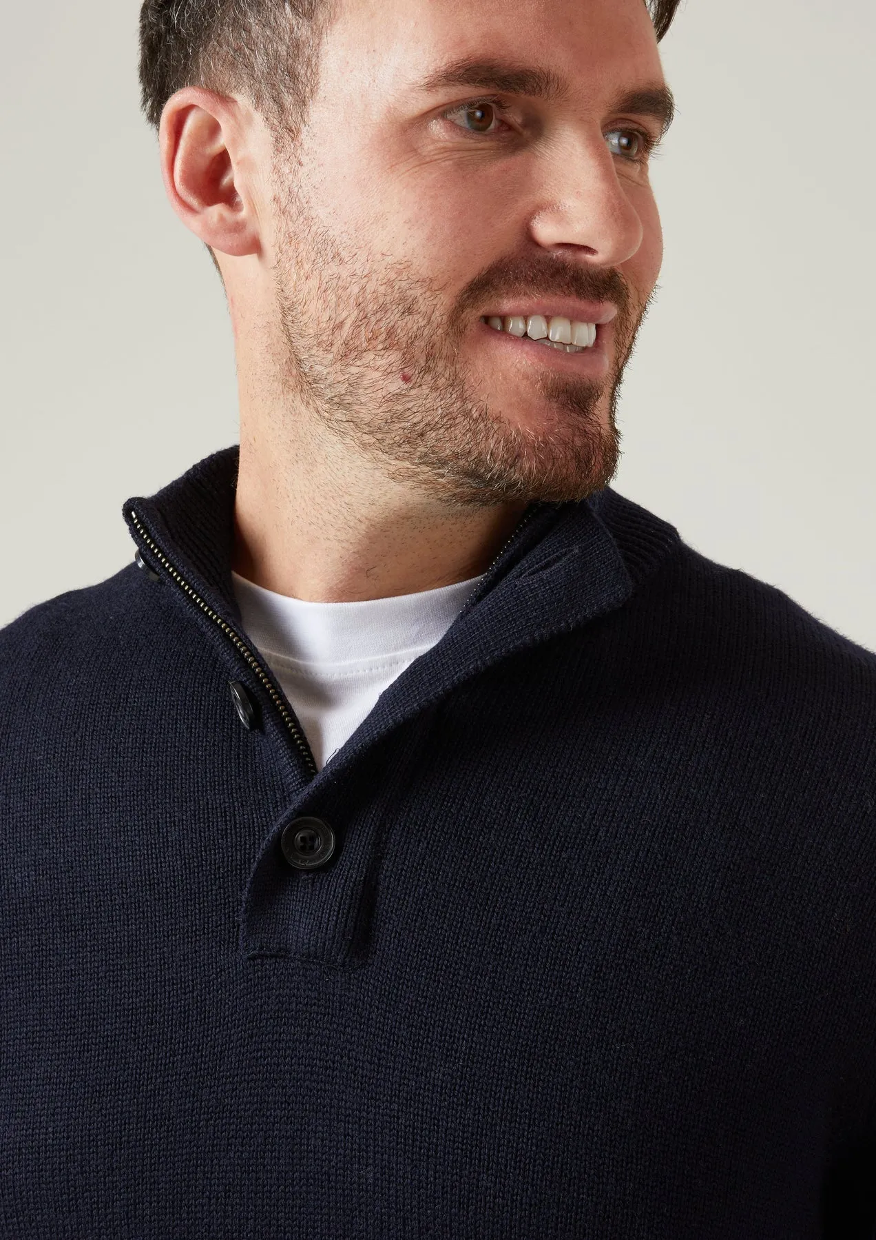 Kunwick Navy Merino Zippered Button Mockneck Sweater