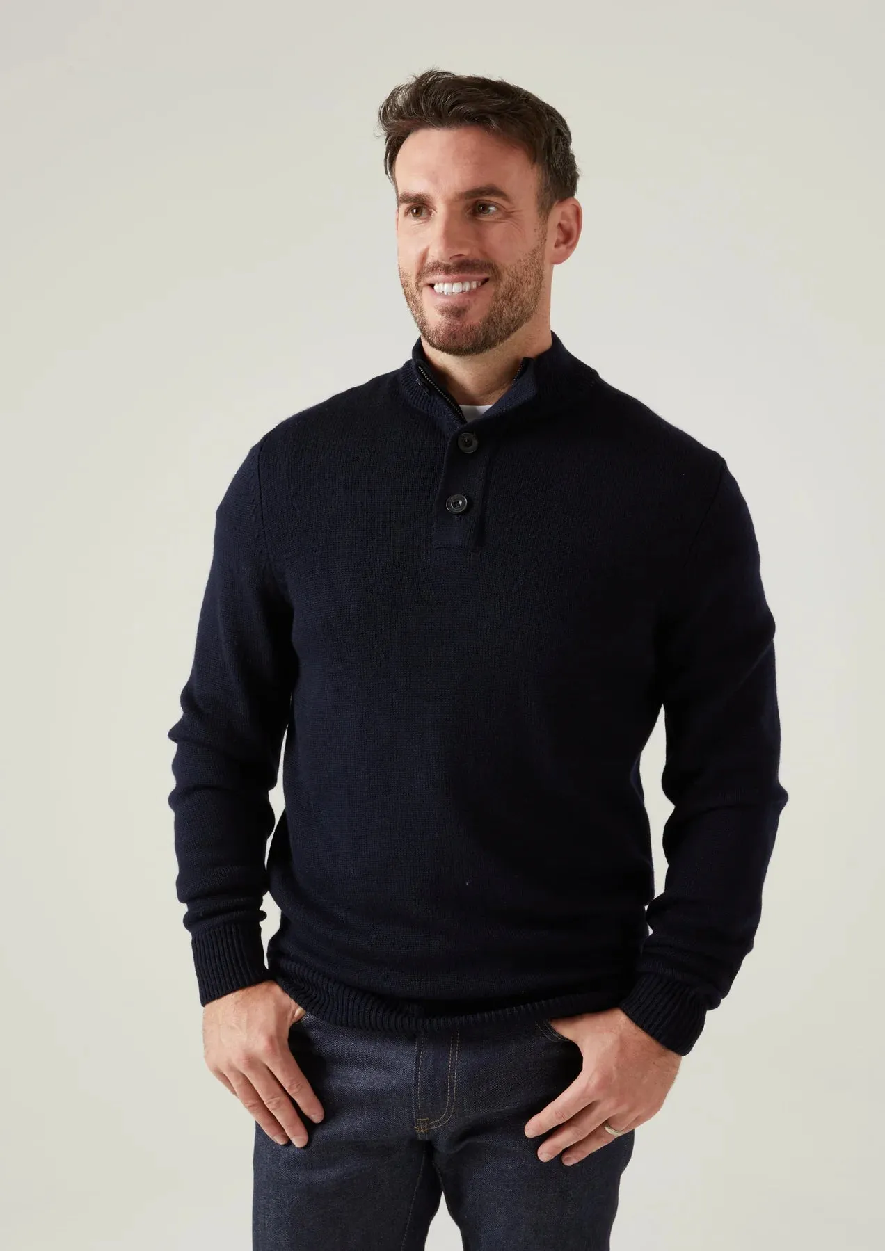 Kunwick Navy Merino Zippered Button Mockneck Sweater