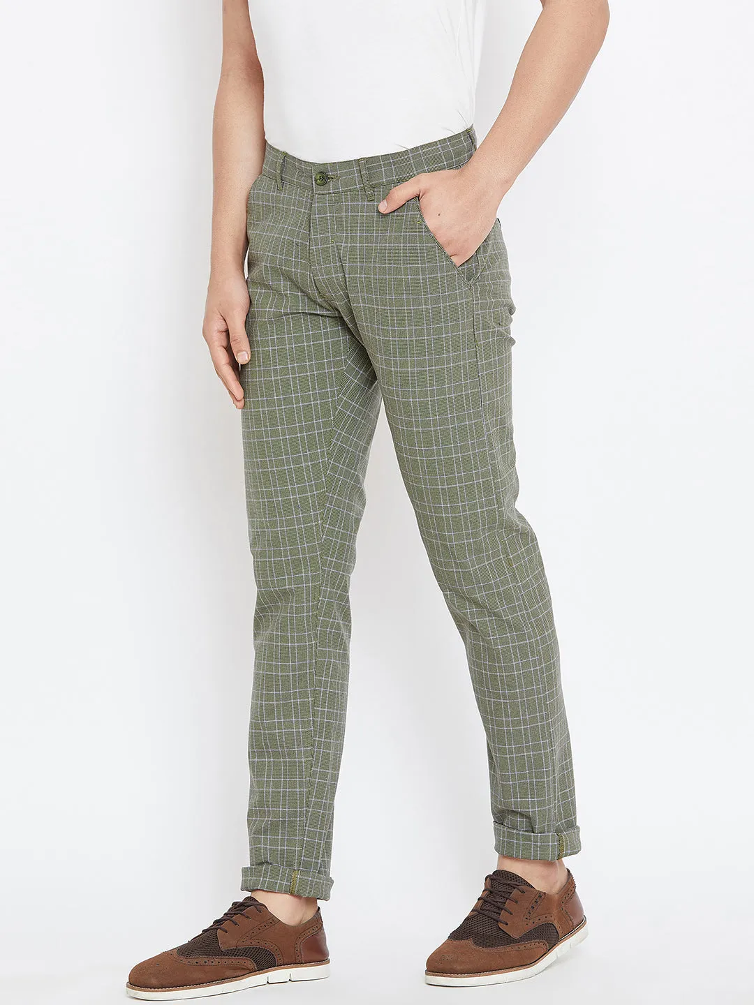 Men Green Relaxed Fit Casual Checked Chinos