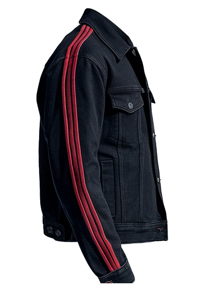 Men's Black Denim Jacket With Red Stripes