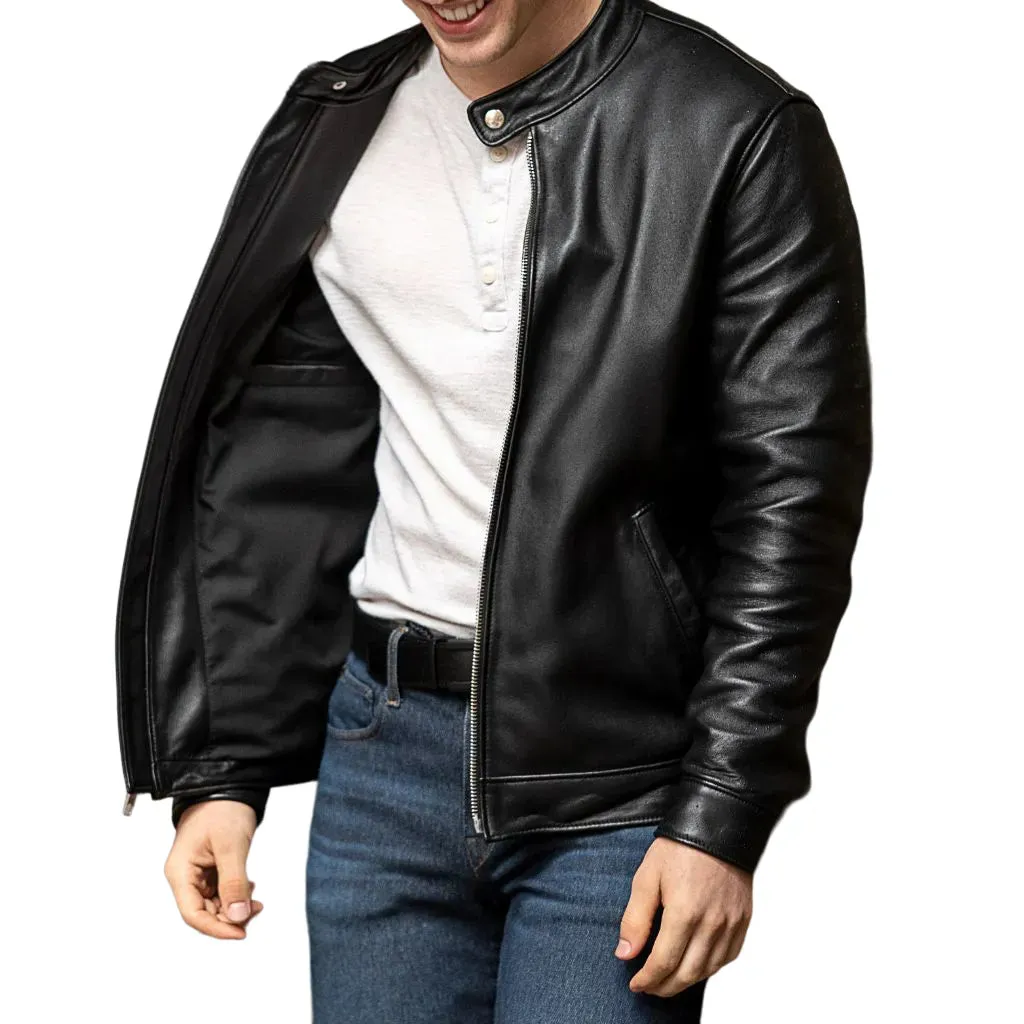 Mens Black Leather Cafe Racer Jacket