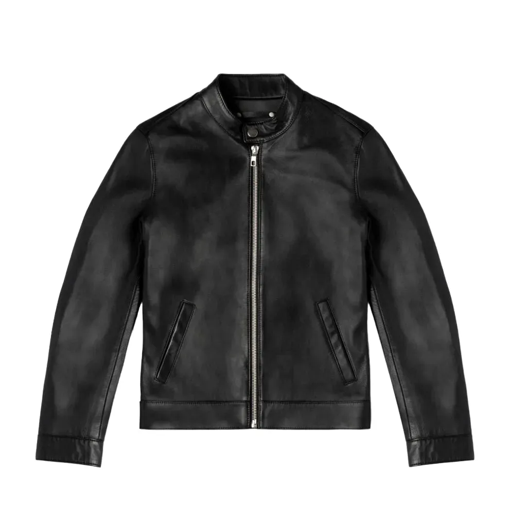 Mens Black Leather Cafe Racer Jacket