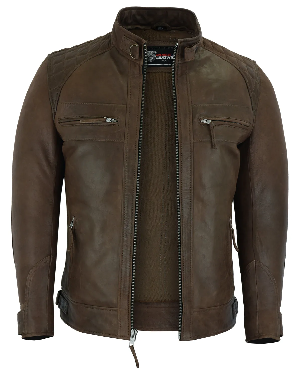 Men's Cafe Racer Waxed Lambskin Chocolate Brown Motorcycle Leather Jacket