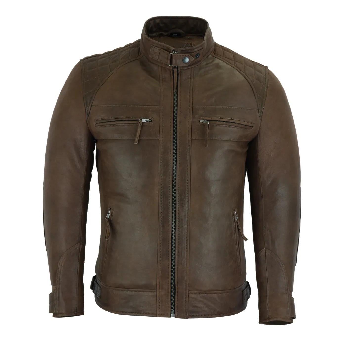 Men's Cafe Racer Waxed Lambskin Chocolate Brown Motorcycle Leather Jacket