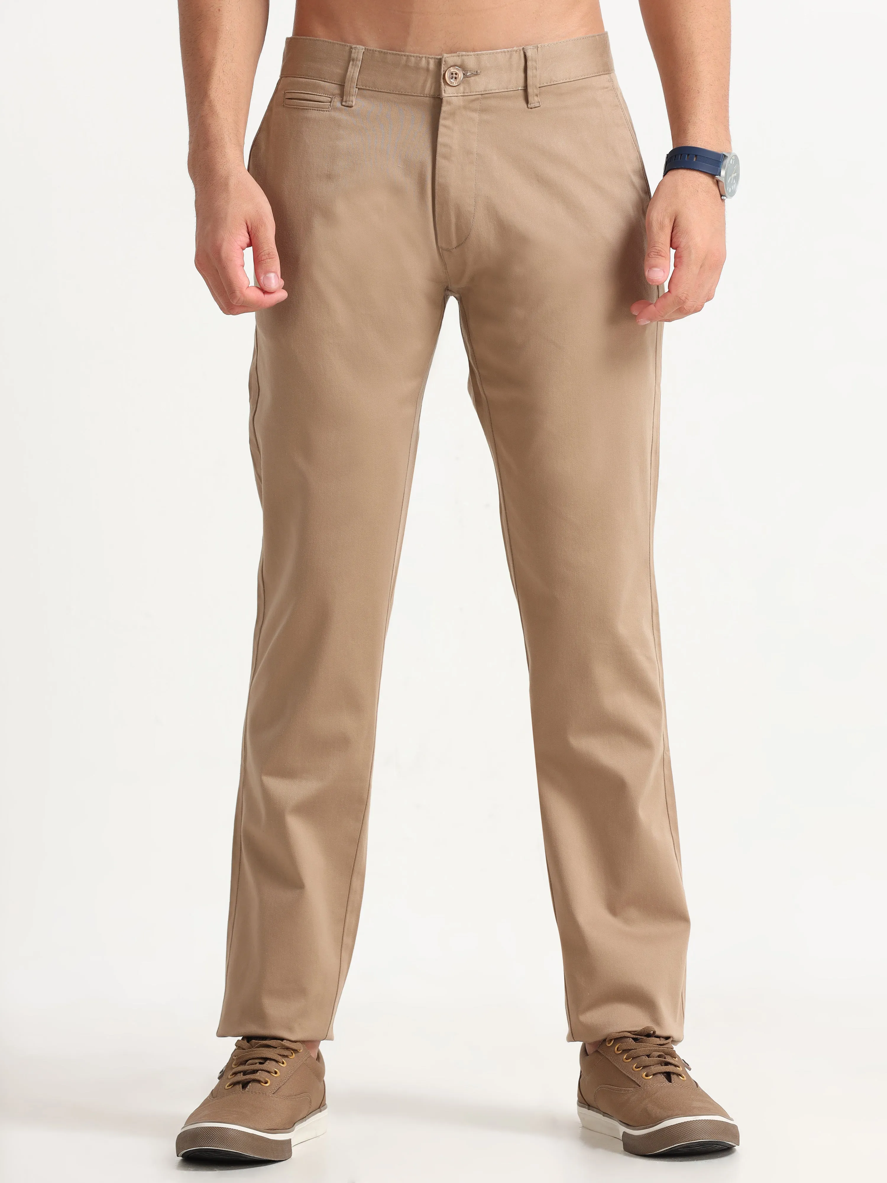 MEN'S DK.BEIGE SOLID SLIM FIT TROUSER