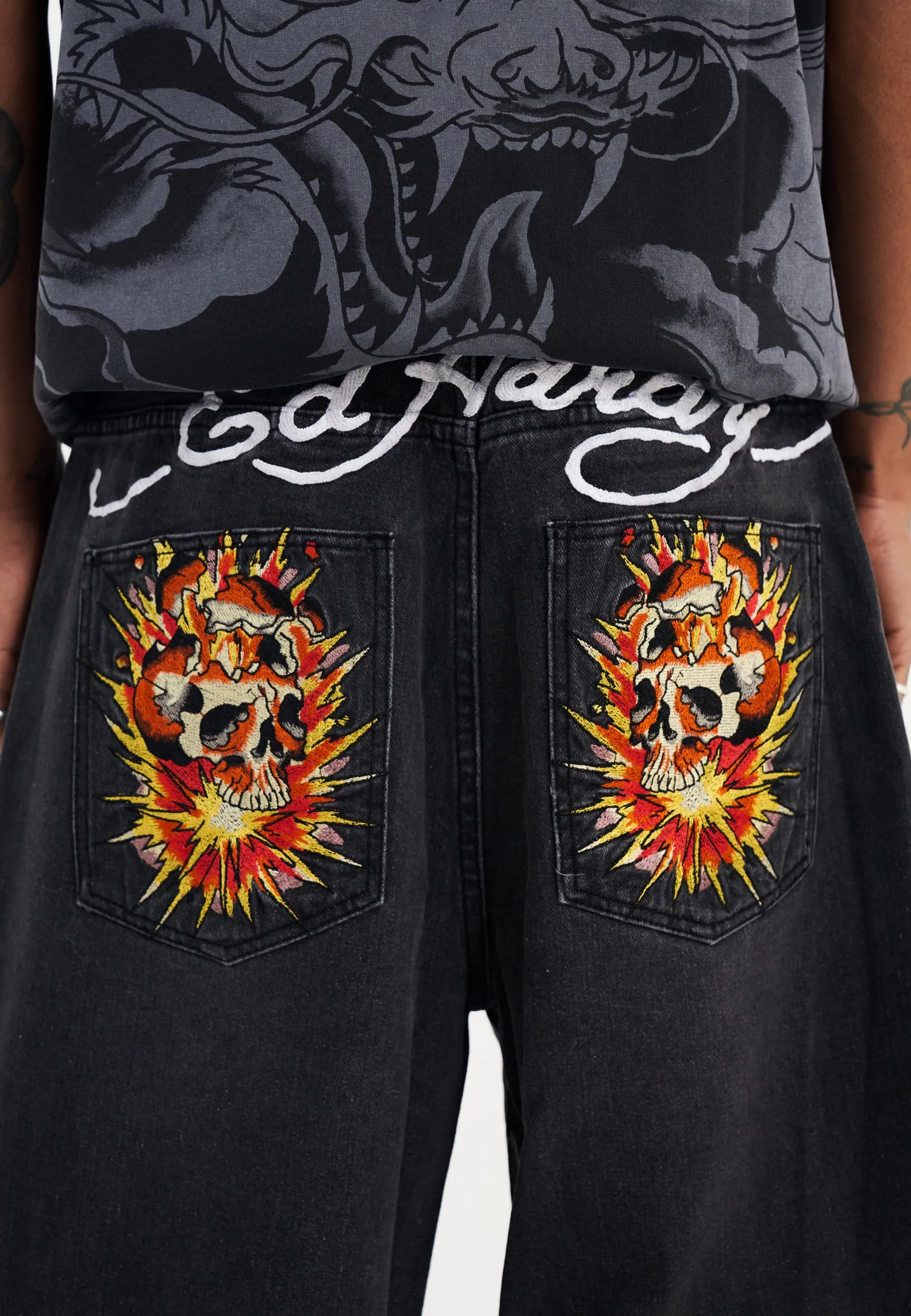 Mens Exploding Skull Xxtra Denim Trousers Jeans - Black