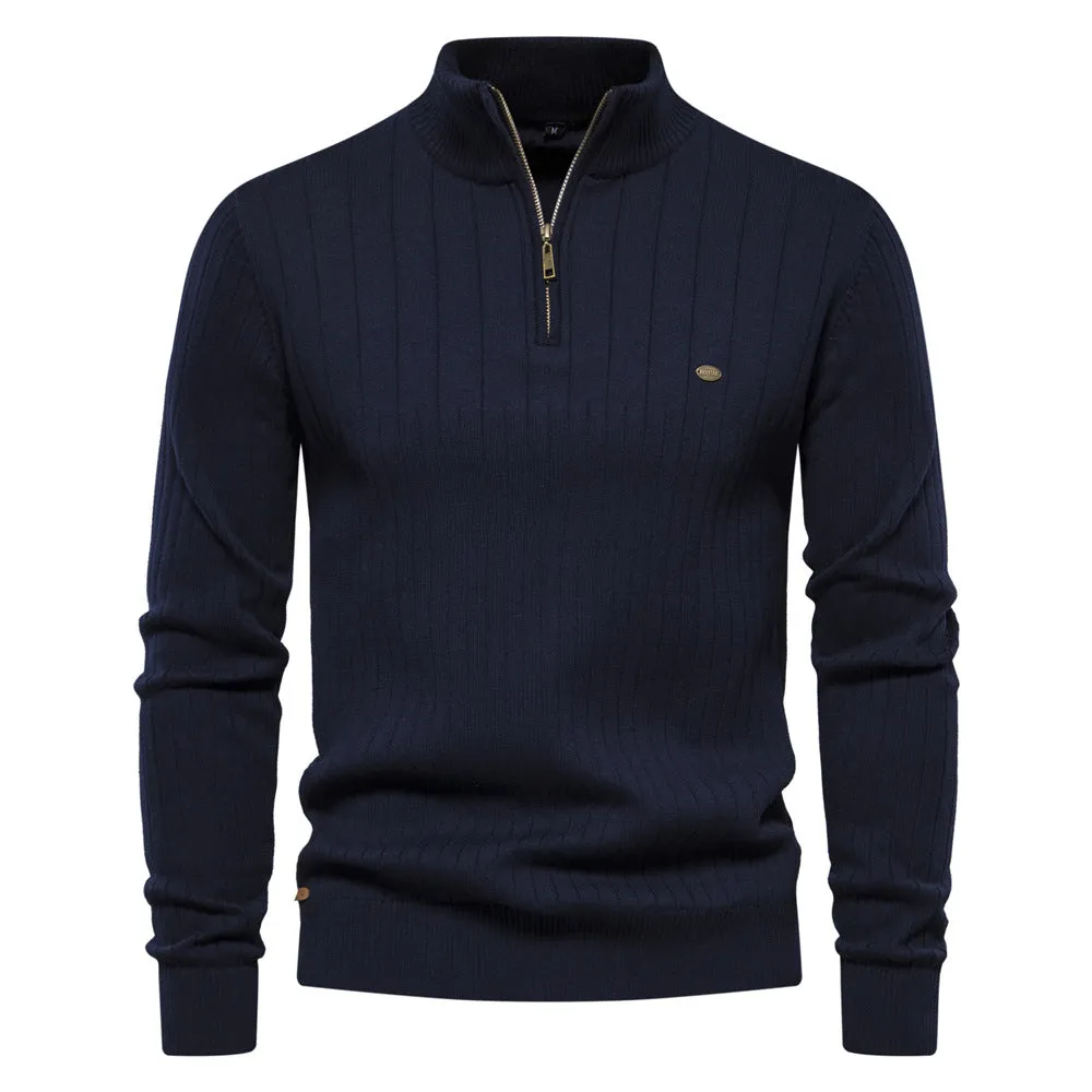 Men'S Stand Collar Sweater Fashion Half-Zipper Solid Color Striped Knit Sweater High Quality Slim Fit Top Clothing