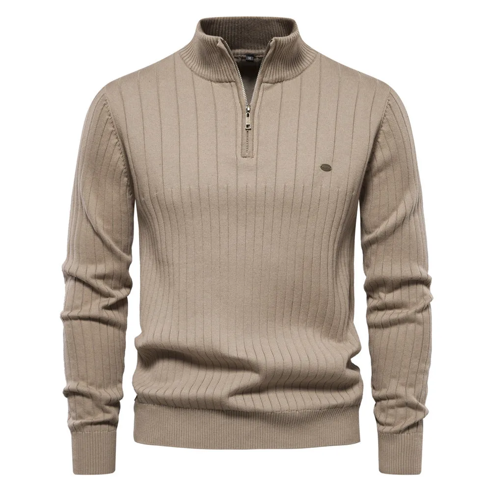 Men'S Stand Collar Sweater Fashion Half-Zipper Solid Color Striped Knit Sweater High Quality Slim Fit Top Clothing