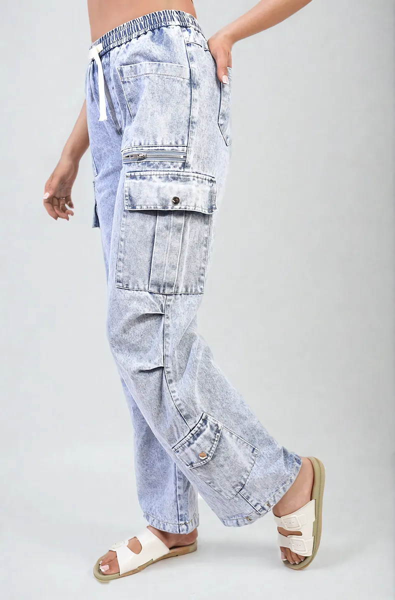 Multi Pockets Drawstring Cargo Jeans