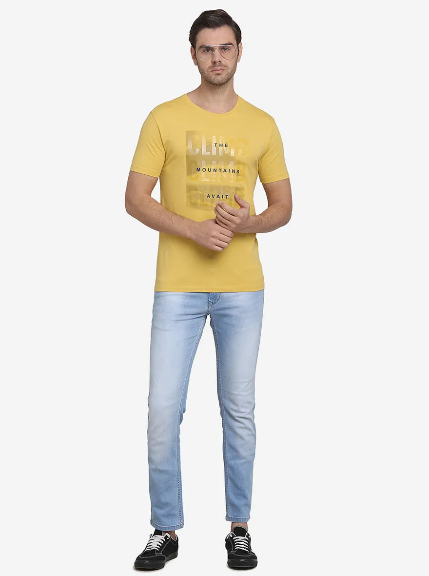 Mustard Yellow Printed Slim Fit T-Shirt  | JadeBlue