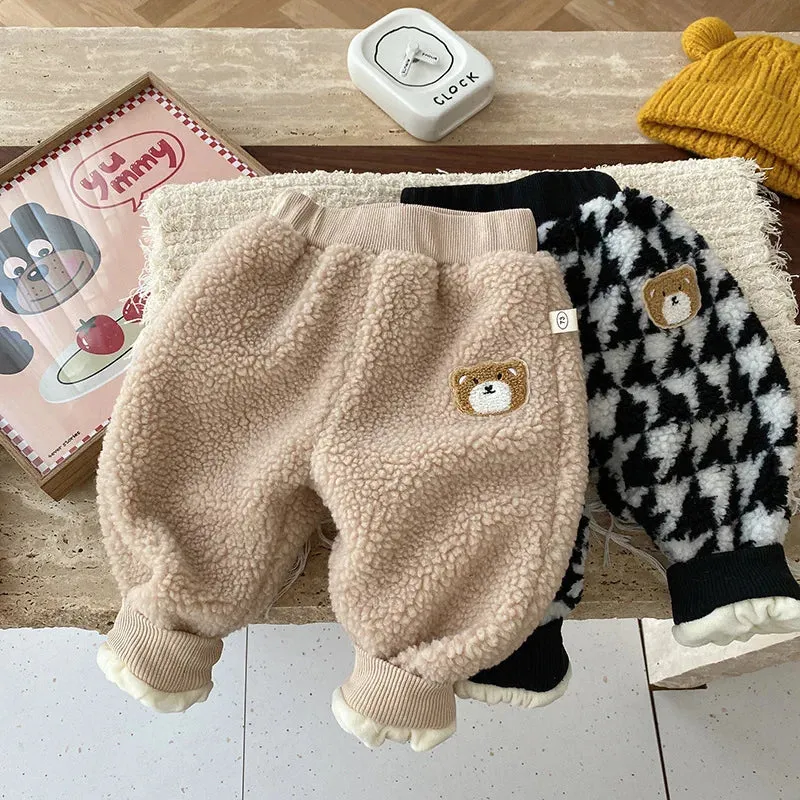 New Baby Boys Fleece Thicken Sweatpants Girls Winter Clothes Children Cartoon Bear Trousers Kids Clothes Toddler Lambswool Pants