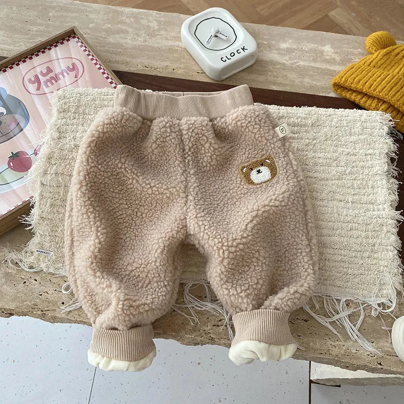 New Baby Boys Fleece Thicken Sweatpants Girls Winter Clothes Children Cartoon Bear Trousers Kids Clothes Toddler Lambswool Pants